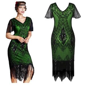 KAYAMIYA | VTG-Style 1920s Flapper Beaded Sequins Gatsby Midi Dress, size 3X